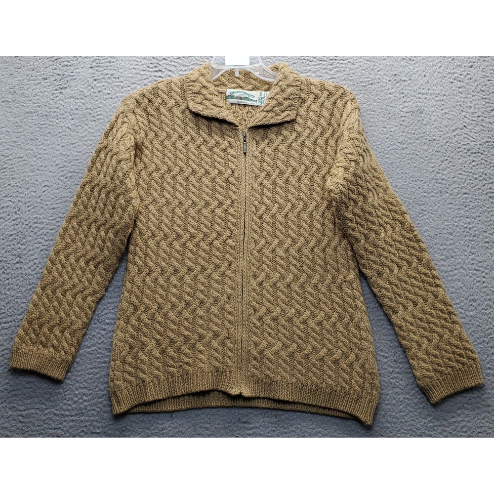 Aran Crafts Ireland Sweater Women Medium Brown Textured Chevron Knit Wool Zip Up